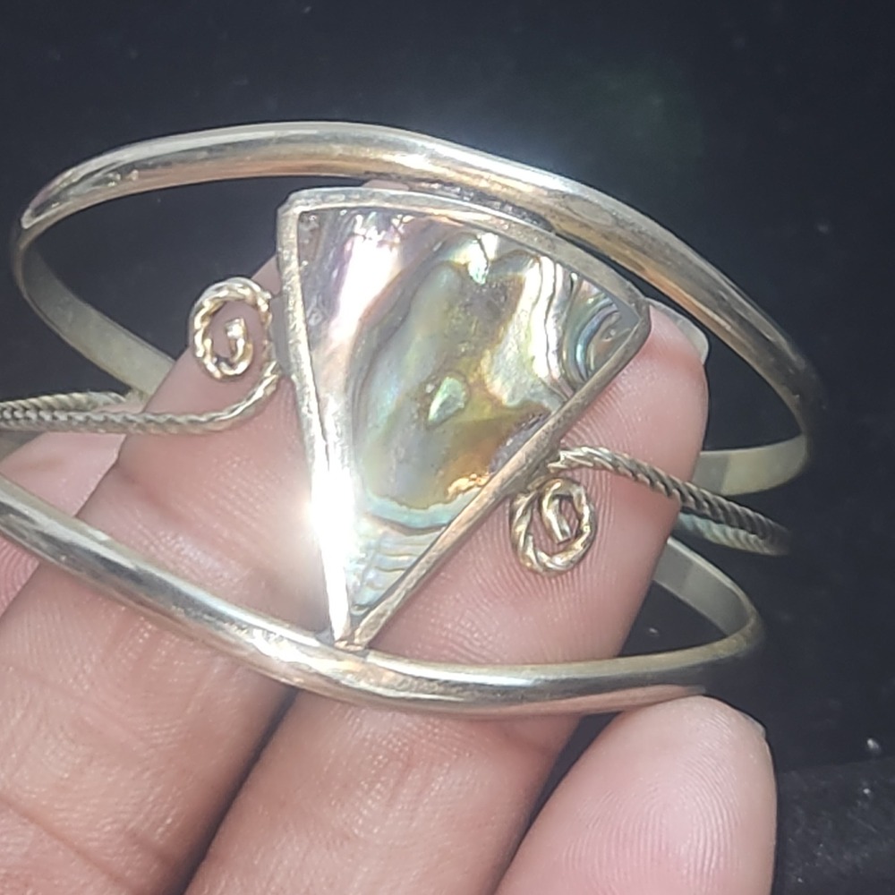 Vintage Alpaca Mexico Abalone Shell Inlay Triangle Cuff Bracelet Mixed Metal